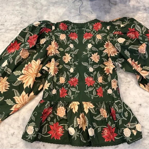 FARM Rio Green Floral V-Neck Puff Sleeve Blouse - Picture 7 of 8